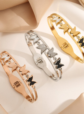 韩版优雅黑白蝴蝶贝母钛钢手镯