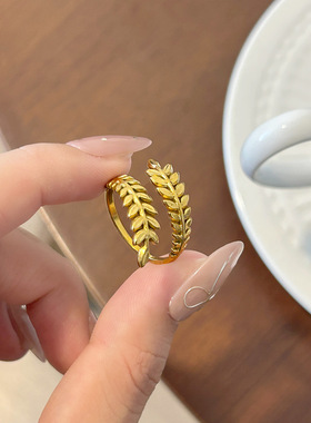 跨境简约冷淡风树叶戒指女开口百搭小众设计钛钢不掉色指环装饰品