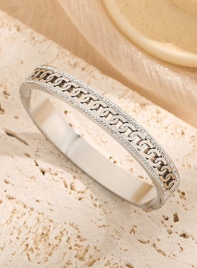 韩版轻奢双排锆石钛钢女手镯