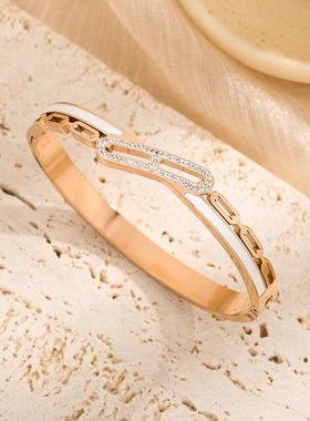 钛钢镶钻白贝母开口手镯女轻奢