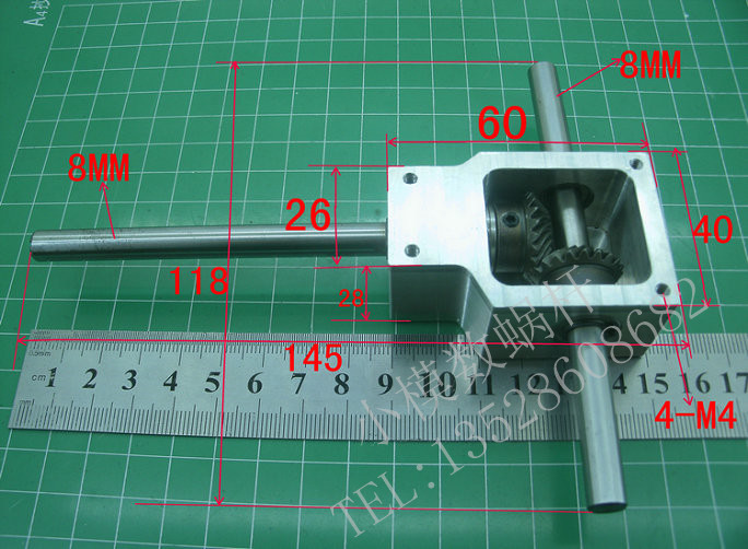 90度换向转角器螺旋伞齿轮箱小型减速比1:1双输出轴8MM减速机总成