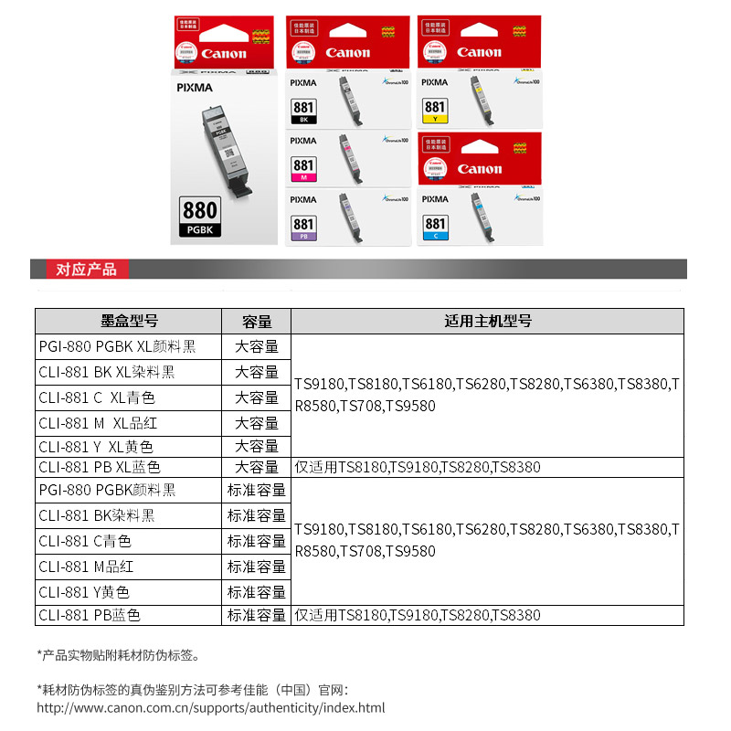 佳能880BKXL黑色CLI-881BK/C/Y/M/PB彩色TS8180TS9180TR8580TS8380TS9580TS8280ts6180 TS6380一体机原装墨盒 - 图1