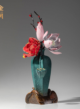 铜艺坊四季平安彩铜摆件花朵插花花瓶铜摆件几何形彩铜工艺品摆件