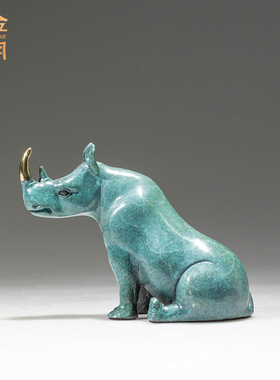 铜艺坊心有灵犀牛黄铜摆件独角兽犀牛彩铜摆件博古架桌面铜器摆设