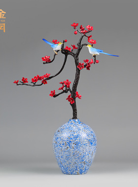 铜艺坊踏雪寻梅喜鹊梅花黄铜摆件花瓶插花客厅电视柜玄关家居摆件