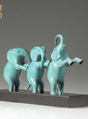 铜艺坊欢乐萌象黄铜摆件三只可爱小象彩铜工艺品摆件家居玄关饰品