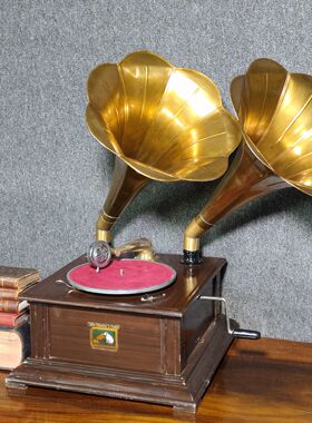 仿古全新印度黄铜双喇叭手摇唱机