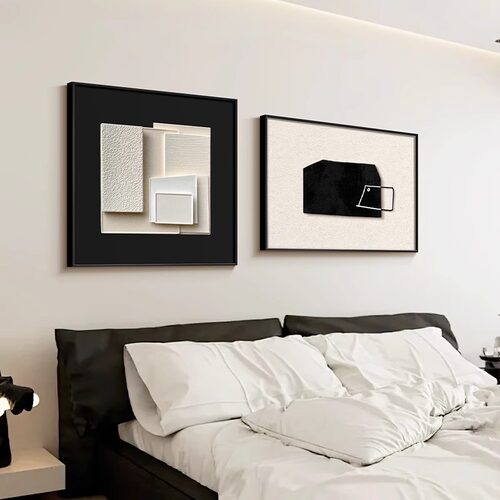简约现代卧室床头装饰画抽象几何房间主卧挂画黑白高级感组合壁画 - 图0