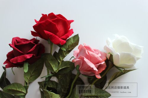 高档单支仿真玫瑰花假花绢花绒布花拍照摄影道具背景插花装饰 - 图0