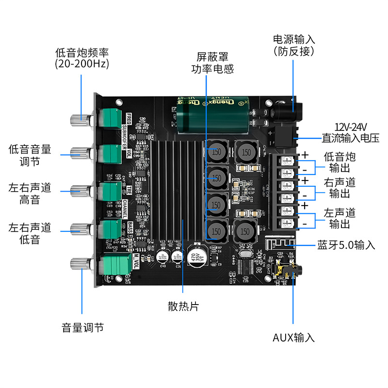 ZK-TB21 2.1声道蓝牙数字功放模块高低音调低音炮-图2