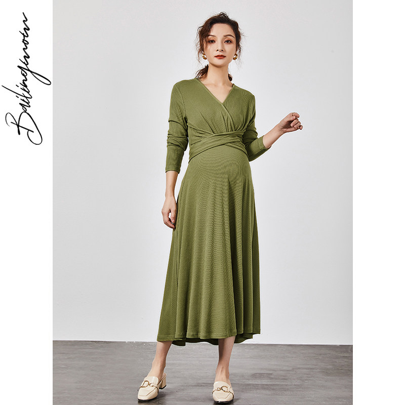 孕妇连衣裙秋装气质长款外出哺乳裙 百伶妈妈连衣裙