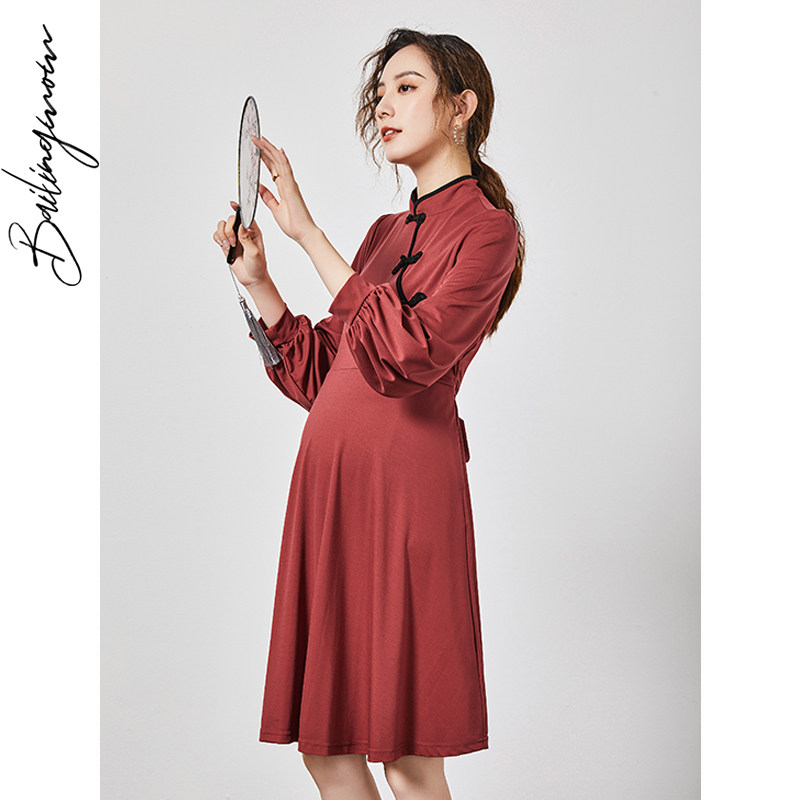 孕妇装秋装中国风改良孕妇连衣裙 百伶妈妈连衣裙