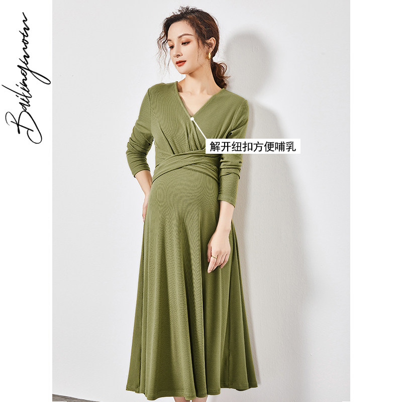 孕妇连衣裙秋装气质长款外出哺乳裙 百伶妈妈连衣裙