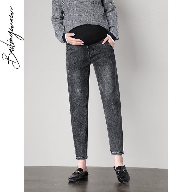 孕妇春秋潮妈外穿宽松九分牛仔裤 百伶妈妈孕妇直筒裤