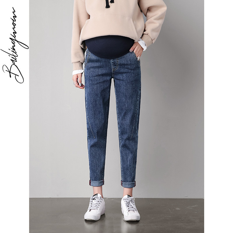 孕妇裤春秋时尚宽松老爹九分牛仔裤 百伶妈妈孕妇直筒裤