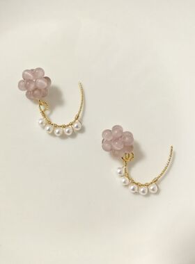夏日法式手作粉玻璃猫眼石耳环