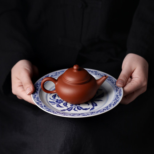 景德镇陶人临古茶具青花寿桃纹壶承茶盘壶托干泡台赏果盘功夫。 - 图0