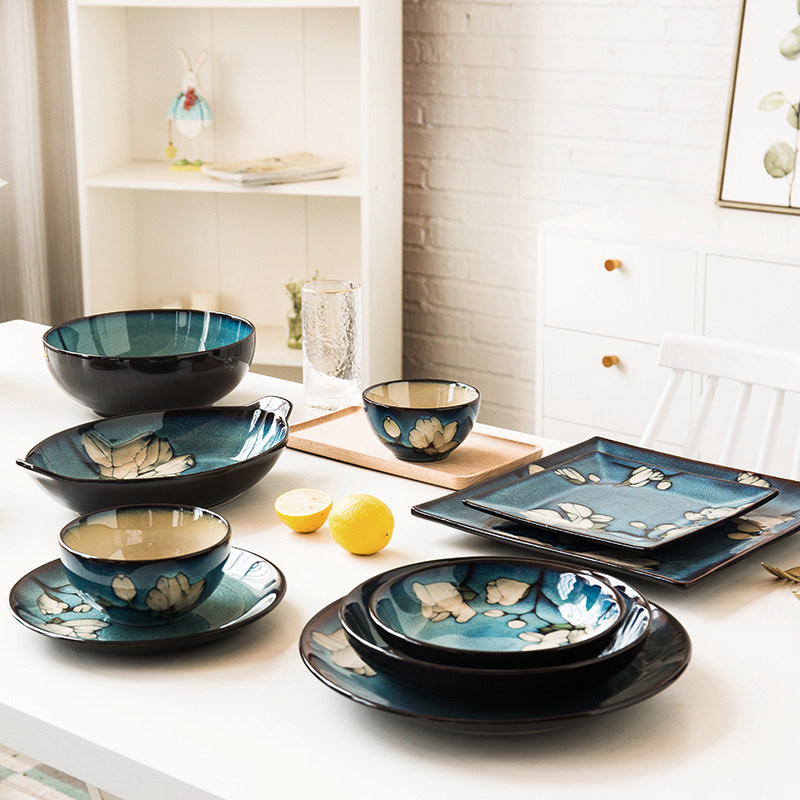 玉兰花陶瓷餐具釉下手绘饭碗汤碗套装家用盘子深盘汤盘方形盘鱼盘,淘宝优惠券,粉丝福利购,淘宝优惠卷
