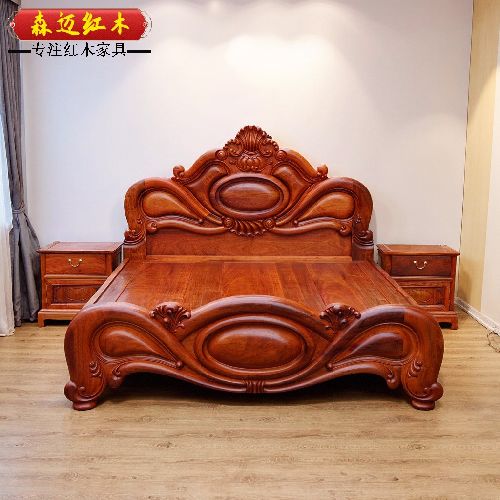 缅甸花梨红木钻石芒果床大果紫檀原木双人床榫卯结构新中式家具 - 图1