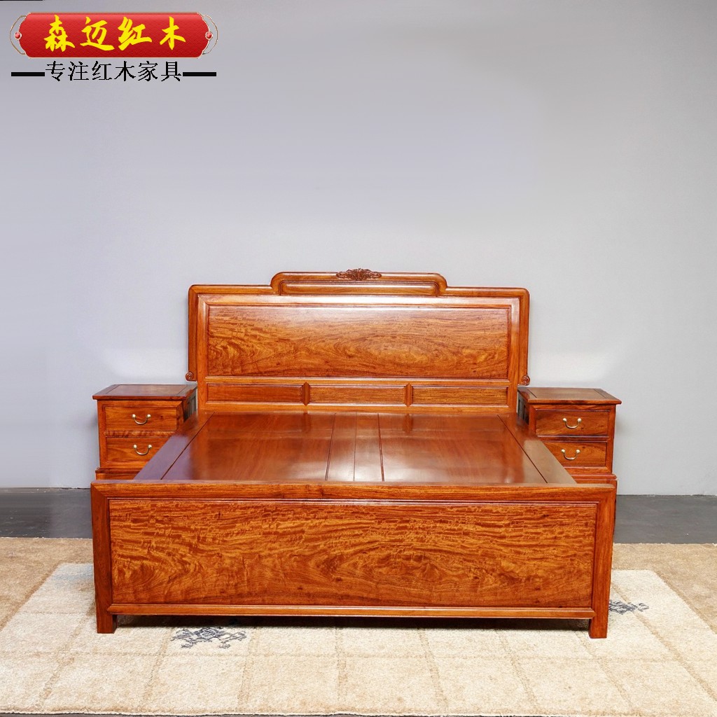 缅甸花梨红木床皇冠床加厚独板全水波纹大果紫檀原木抽屉式箱床 - 图1