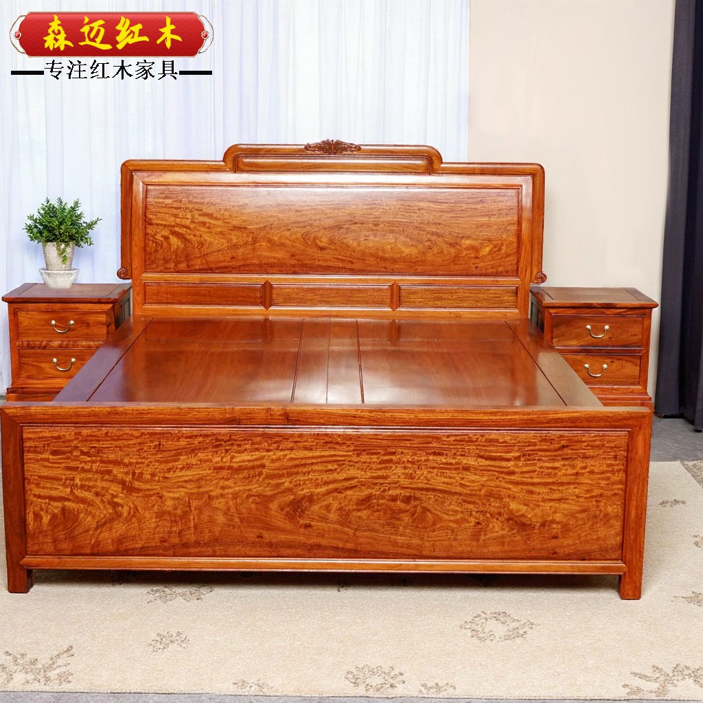 缅甸花梨红木床皇冠床加厚独板全水波纹大果紫檀原木抽屉式箱床 - 图3