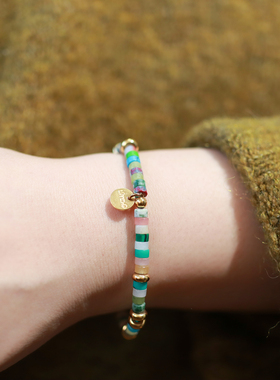 巴黎LITCHI正品天然石显白多色宝石串联波西米亚风弹力手绳手链