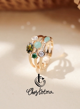 Chez Totora法国正品彩色锆石水晶椭圆鹅蛋水滴形3层设计感戒指