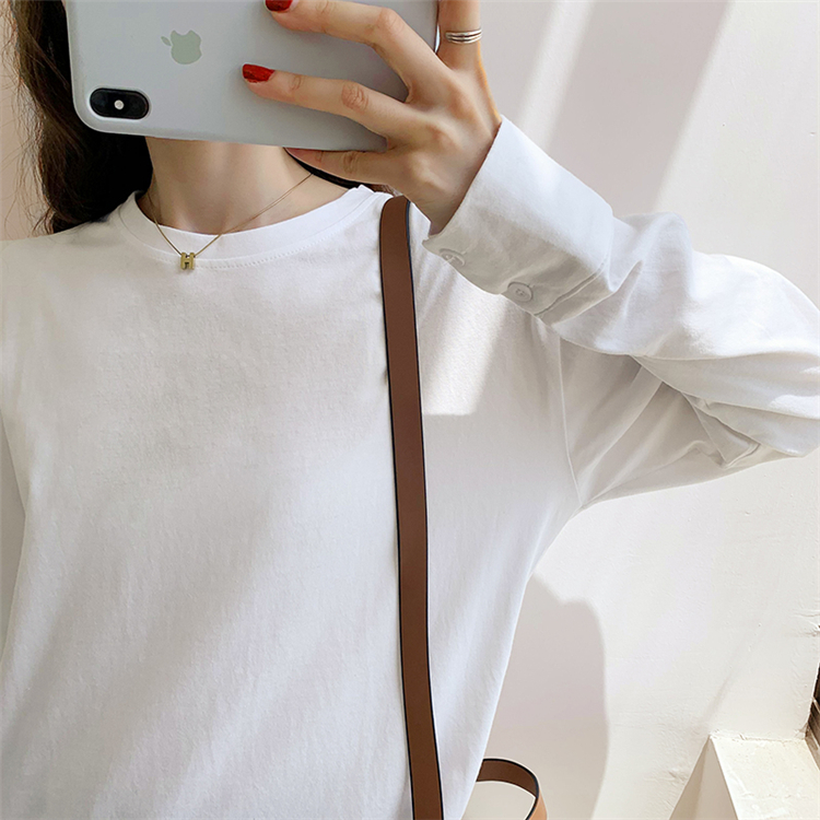T808春季新款纯棉长袖T恤女白色衬衫袖设计感中长款女上衣外穿ins - 图1