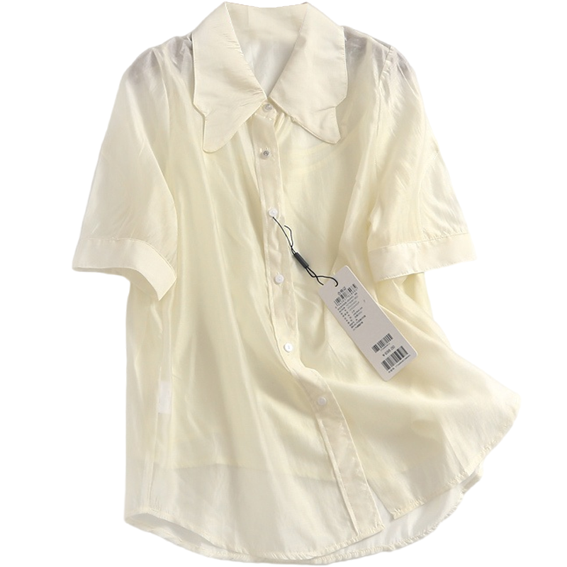 L905简约纯色薄款宽松两件套翻领单排扣夏季新款2023短袖女装衬衫-图3