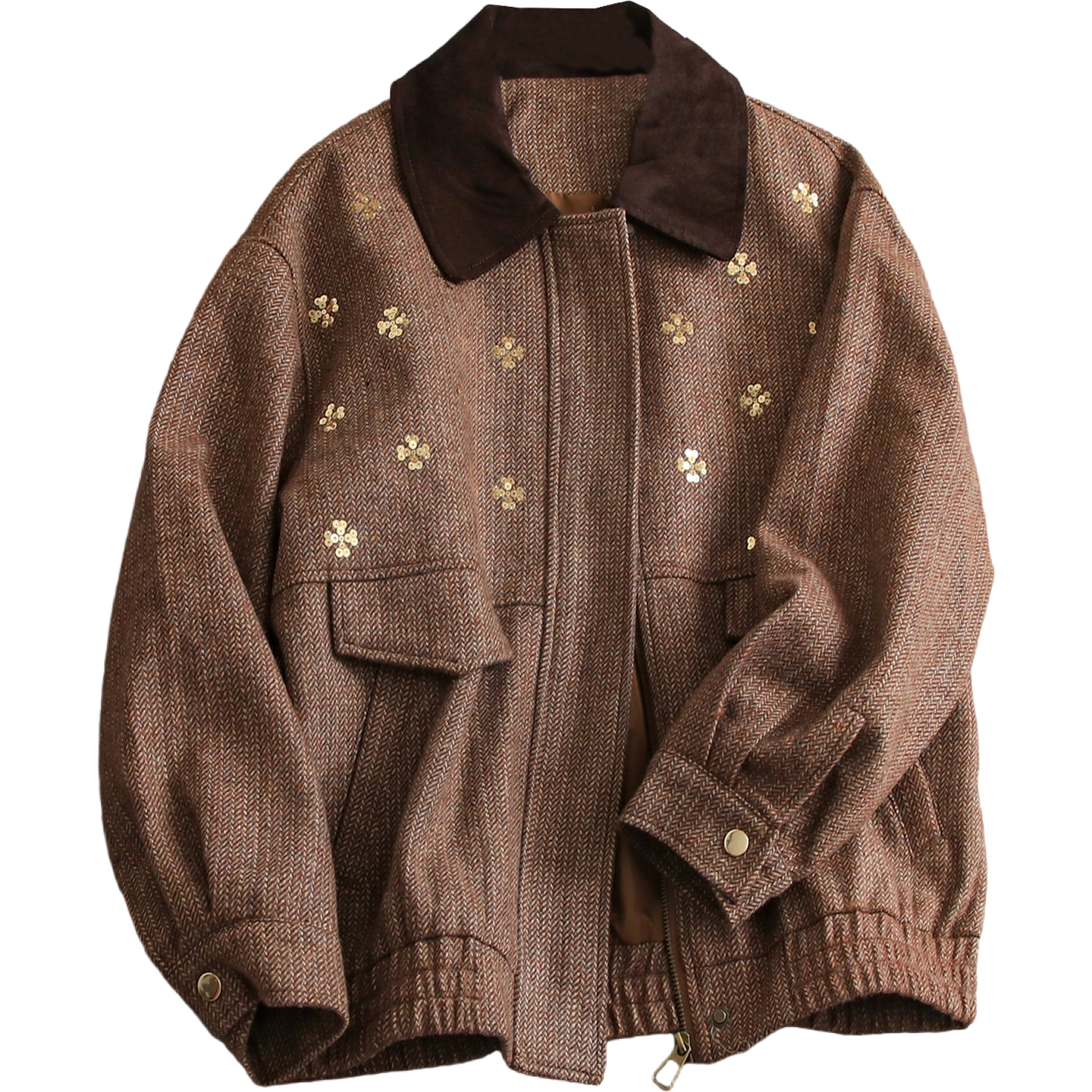 复古人字纹刺绣翻领钉珠亮片长袖外套可配一整套半身裙女套装Q901,淘宝优惠券,粉丝福利购,淘宝优惠卷