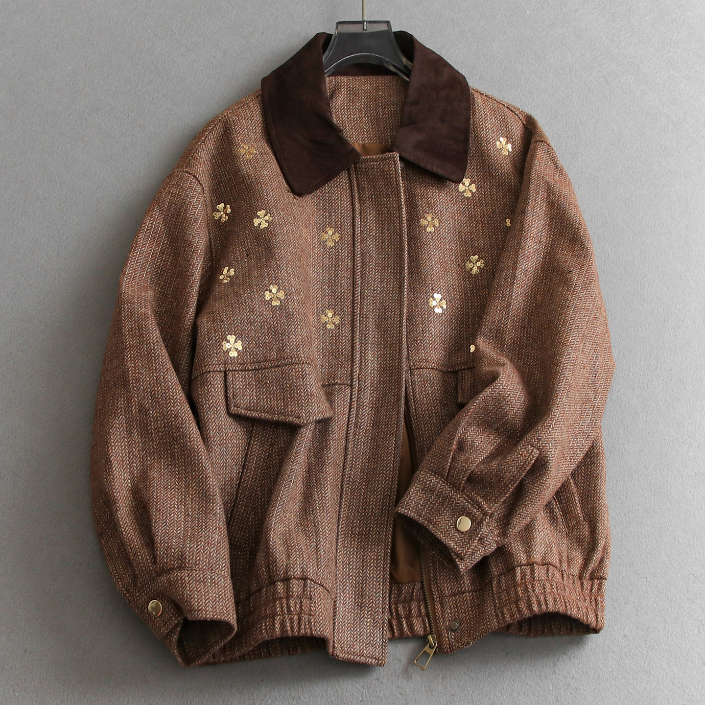 复古人字纹刺绣翻领钉珠亮片长袖外套可配一整套半身裙女套装Q901,淘宝优惠券,粉丝福利购,淘宝优惠卷