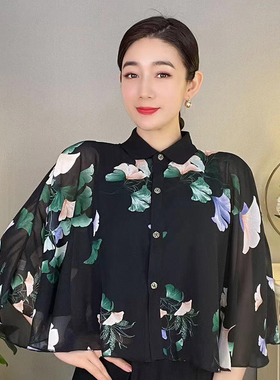 夏季薄款防晒披肩女士旗袍外搭雪纺开衫配裙子妈妈小斗篷披风外套
