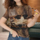 Summer niche design slim and versatile top 2026 new retro fashion kitten print t-sleeved T-shirt for women