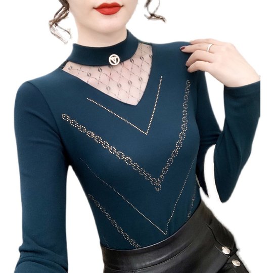 双面德绒半高领烫钻打底衫女秋冬内搭洋气加绒2024新款磨毛上衣潮