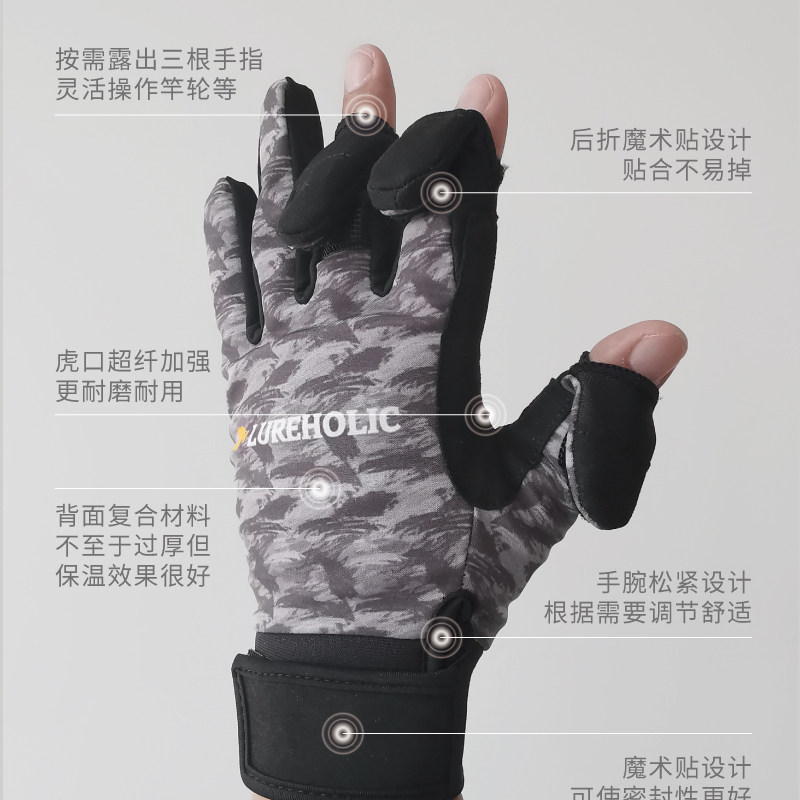 LUREHOLIC冬季钓鱼手套保暖防滑路亚专业抓鱼手套垂钓露三指全指,淘宝优惠券,粉丝福利购,淘宝优惠卷
