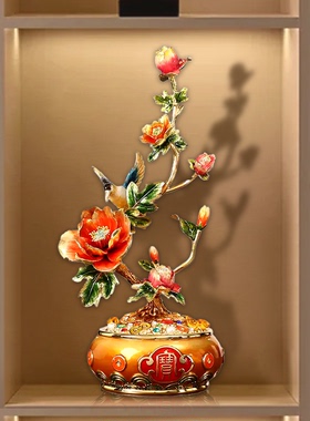 新中式牡丹花聚宝盆发财树摆件