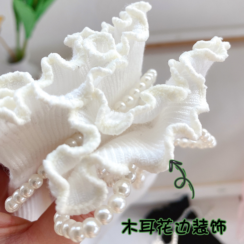 超越同款纯棉珍珠蝴蝶结花边中筒袜可爱学院风黑色堆堆袜子女秋冬 - 图2