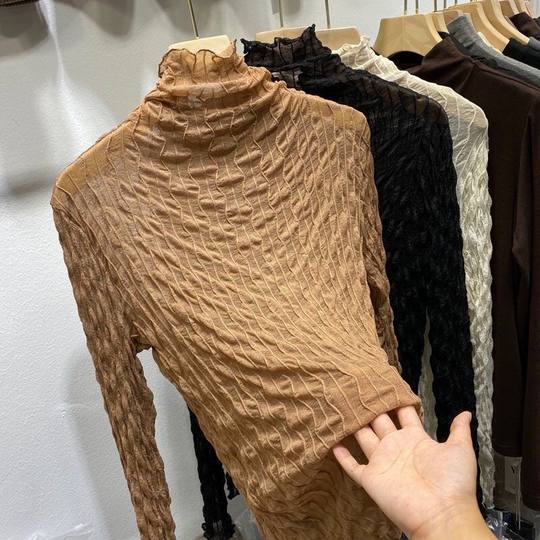 捡漏特价剪镖外贸折扣女装水波纹高领蕾丝长袖T恤女薄打底衫上衣