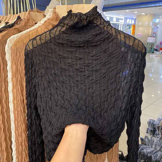 捡漏特价剪镖外贸折扣女装水波纹高领蕾丝长袖T恤女薄打底衫上衣