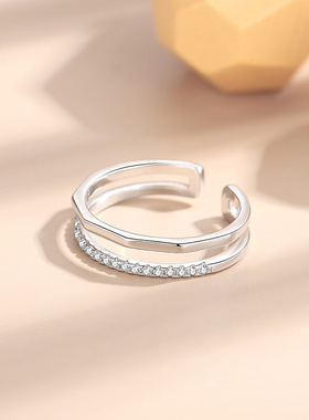 S925纯银戒指高级感几何双层镶钻轻奢925戒指女ins风叠戴戒指饰品
