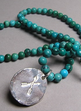 天然绿松石圆珠项链 925纯银吊坠 手工原矿松石镶嵌 特价