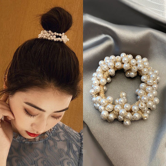 Champagne Pearl Hair Rope Women's Hair Tie Rubber Band Fashionable European and American French Ponytail Hair Rope Hair Accessories Simple Hair Tie