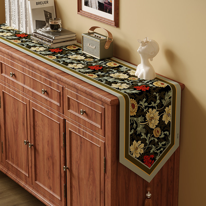 老钱风花鸟鞋柜防尘布轻奢复古流苏电视柜桌布长条形台面边柜盖巾,淘宝优惠券,粉丝福利购,淘宝优惠卷