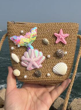 海边度假风美人鱼手工编织斜挎包