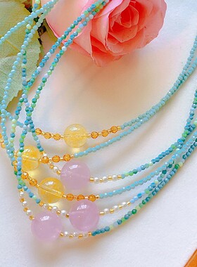 ins风简约气质松石链黄塔晶粉晶吊坠项链彩珠复古小众锁骨链