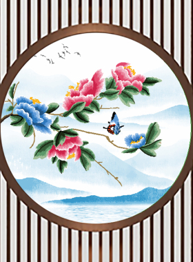 定制半透明纱布画双面刺绣单面苏绣真丝墙布皮革牡丹图案屏风玄关