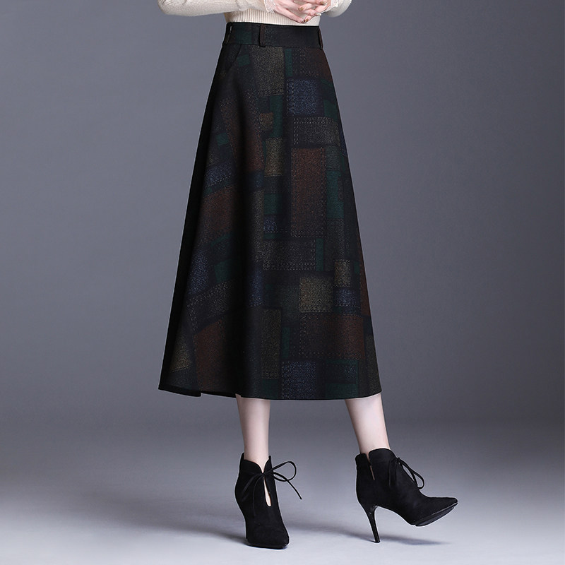 a字毛呢遮肚子黑色长款秋冬百褶裙 都孜妮半身裙