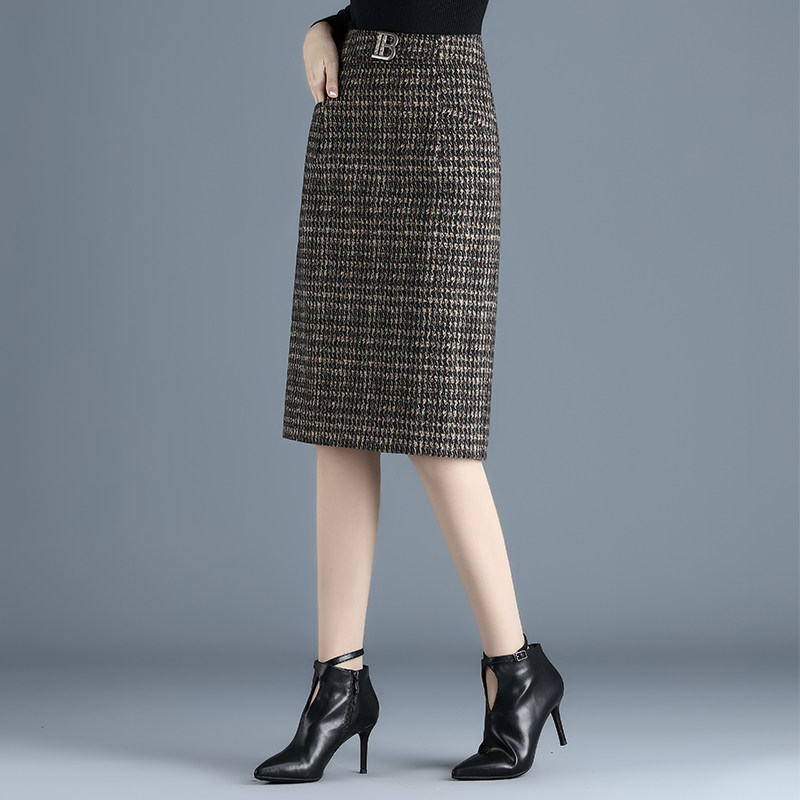 千鸟格半身中长款新款加厚毛呢裙 都孜妮半身裙