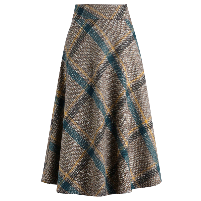 气质方格裙子大摆长裙毛呢半身裙 都孜妮半身裙