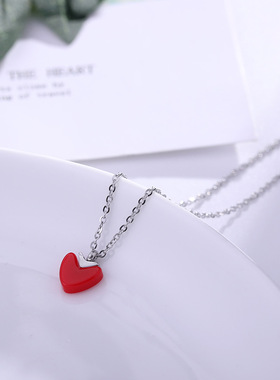 甜美红色爱心钛钢玫瑰金吊坠项链